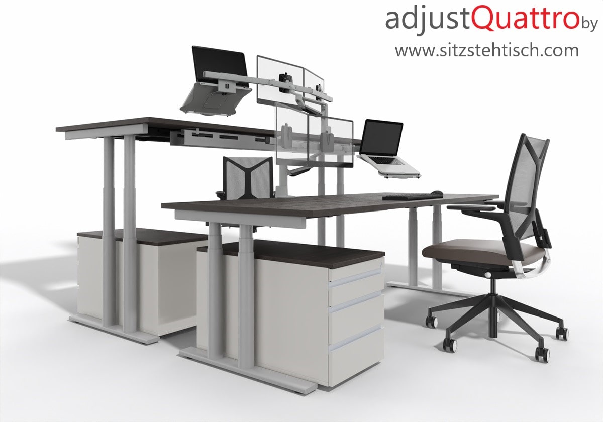 „adjustQuattro“ unser neues elektrisch höhenverstellbares Tischgestell mit 200 kg Tragkraft – Breite von 1560 bis 2160 mm ausziehbar – Höhe verstellbar von 600 bis 1250 mm (60 mm/s)